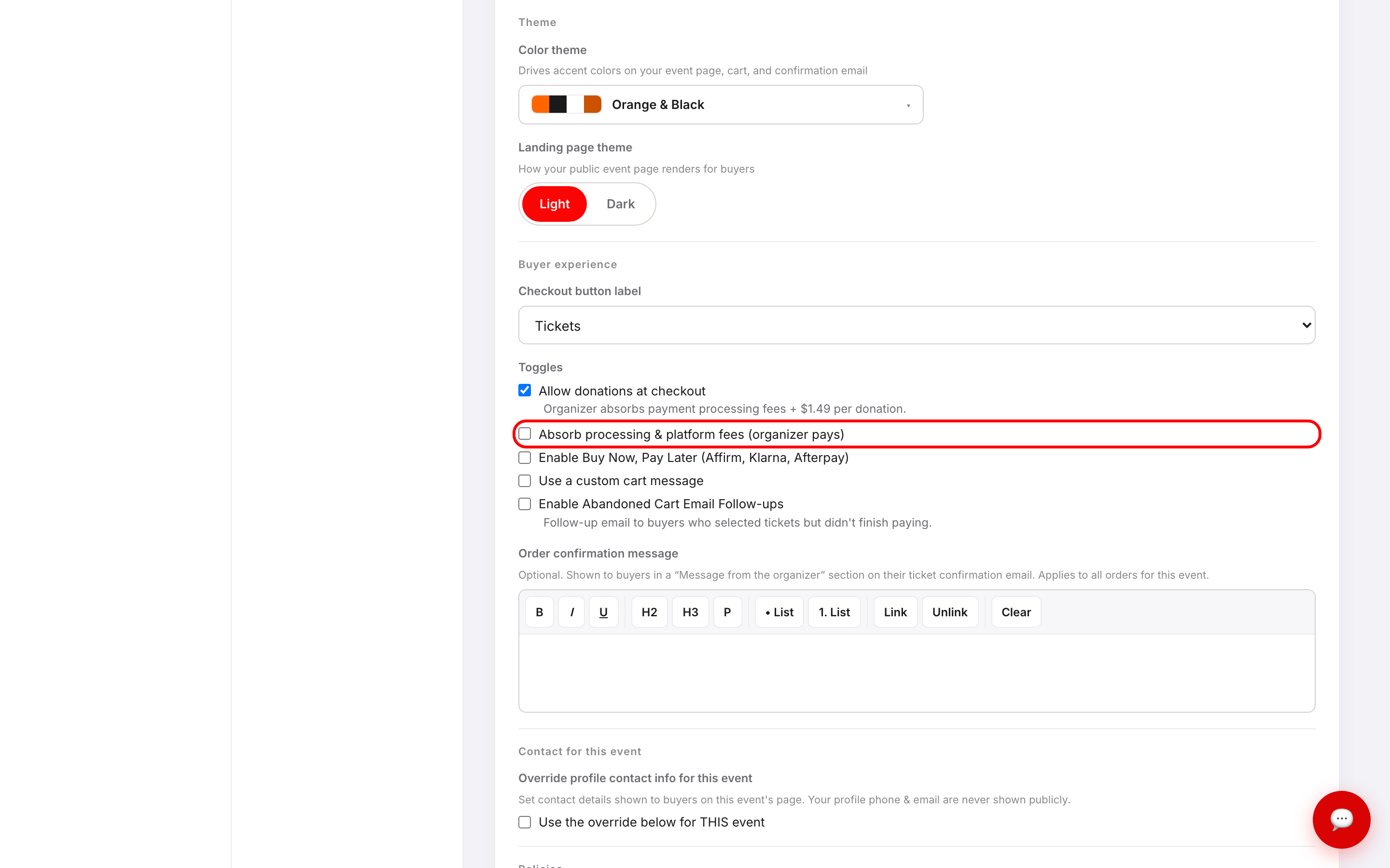 The Toggles block with the Absorb processing and platform fees checkbox outlined in red