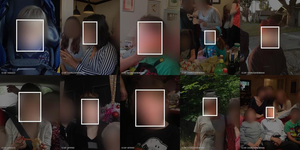 10 of about 2,284 people from the Adience age and gender estimation dataset. Faces are blurred to protect privacy. Visualization by Adam Harvey / Exposing.ai licensed under CC-BY-NC with original images licensed and attributed under Creative Commons CC-BY (attribution required, no commercial use).
