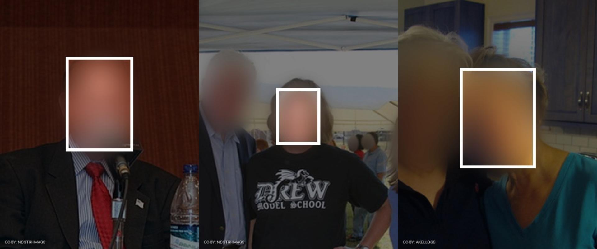 Three of 205 people from the Annotated Faces in The Wild (AFW) face recognition. Faces are blurred to protect privacy. Visualization by Adam Harvey / Exposing.ai licensed under CC-BY-NC with original images licensed and attributed under Creative Commons CC-BY (attribution required, no commercial use).