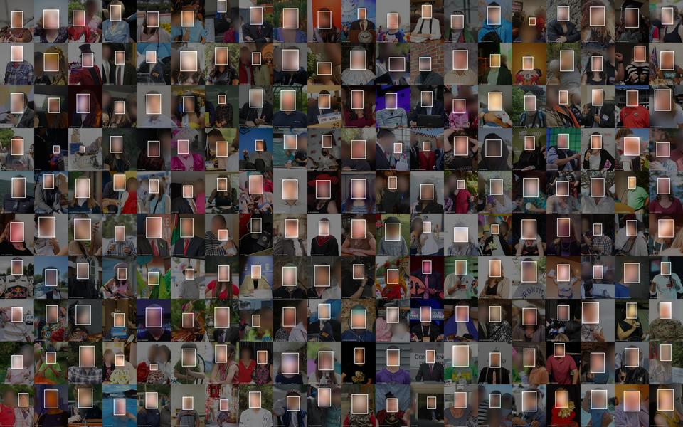 200 of 70,000 face images from the FFHQ face dataset. Faces are blurred to protect privacy. Visualization by Adam Harvey / Exposing.ai relicensed under CC-BY-NC with original images licensed and attributed under Creative Commons CC-BY (attribution required, no commercial use).