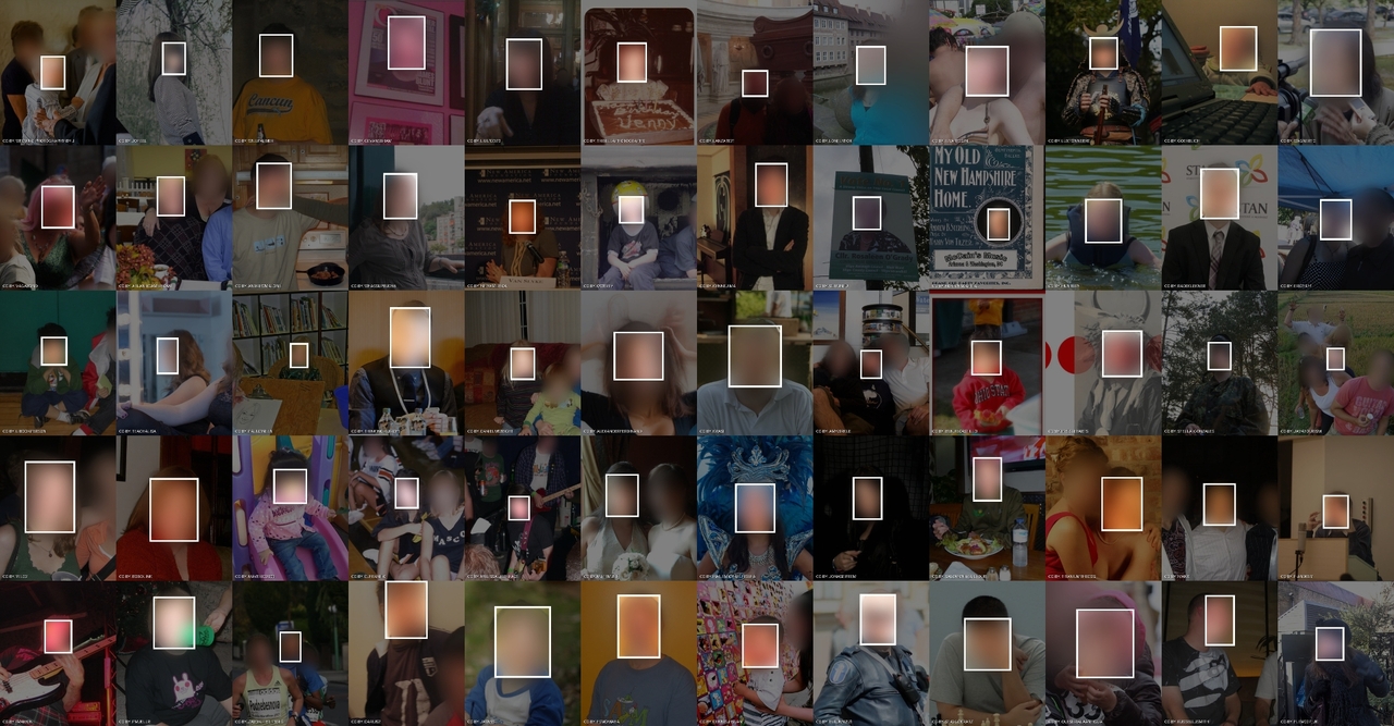 60 of approximately 1 million face images collected by IBM from Flickr for use in the face recognition research. Faces are blurred to protect privacy. Visualization by Adam Harvey / Exposing.ai licensed under CC-BY-NC with original images licensed and attributed under Creative Commons CC-BY (attribution required, no commercial use).