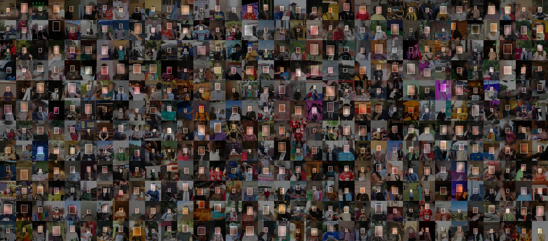 408 of about 4,753,520 face images from the MegaFace face recognition dataset. Faces blurred to protect privacy. Visualization by Adam Harvey / Exposing.ai licensed under CC-BY-NC with original images licensed and attributed under CC-BY (attribution required, no commercial use).