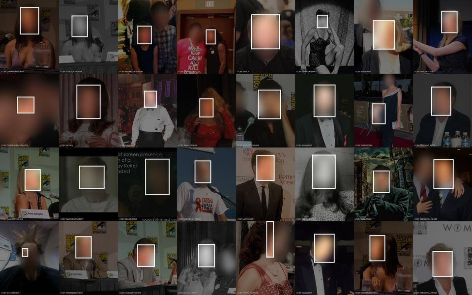 Examples of Flickr images used in the VGG Face dataset that is used for training face recognition algorithms. Faces are blurred to protect privacy. Visualization by Adam Harvey / Exposing.ai licensed under CC-BY-NC with original images licensed and attributed under Creative Commons CC-BY (attribution required, no commercial use).