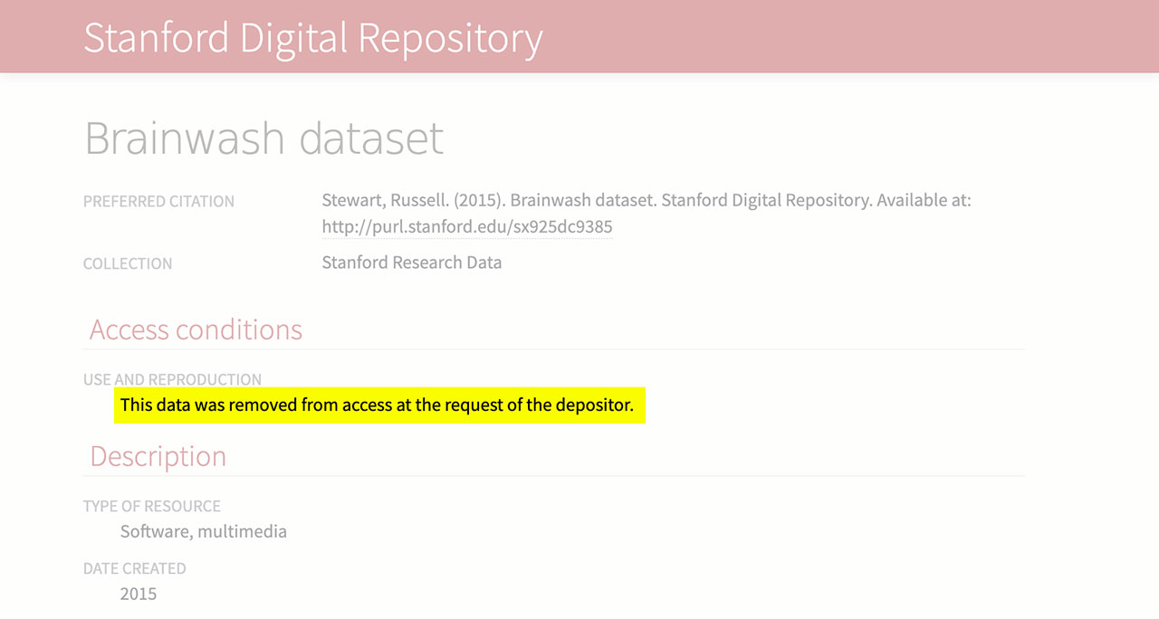  The Brainwash dataset was eventually removed due to the publication of this report showing evidence of usage by a foreign military organization. Screenshot from https://purl.stanford.edu/sx925dc9385