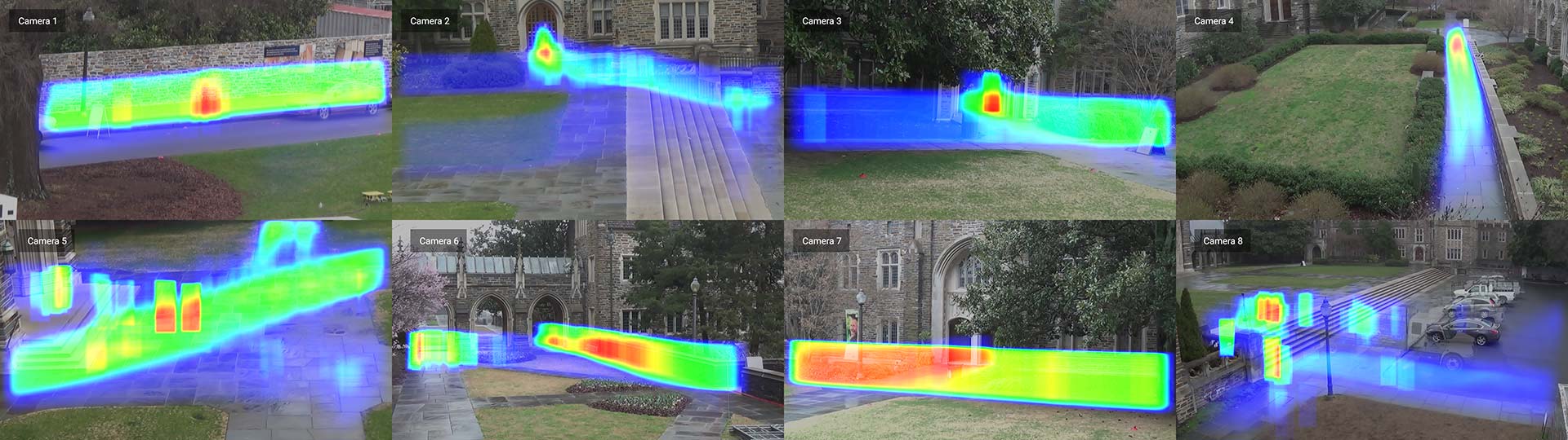  Duke MTMC pedestrian detection saliency maps for 8 cameras deployed on campus © Adam Harvey / MegaPixels.cc