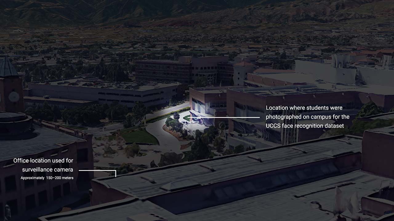  3D view showing the angle of view of the surveillance camera used for UCCS dataset. Image: Google Maps