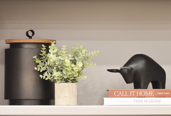 Shelf decor with plant, books, and bull figurine