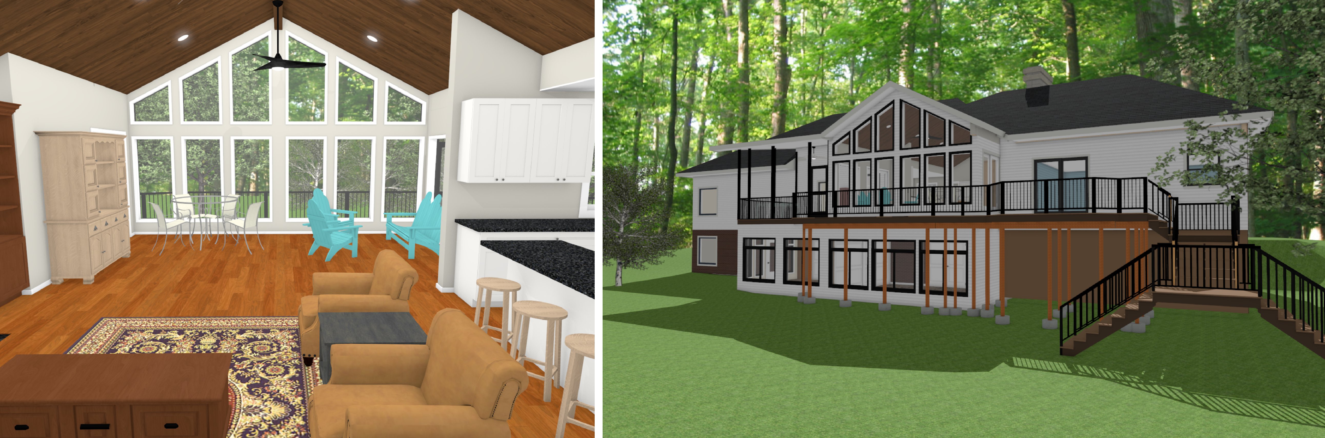 Renderings of interior and exterior of lake home