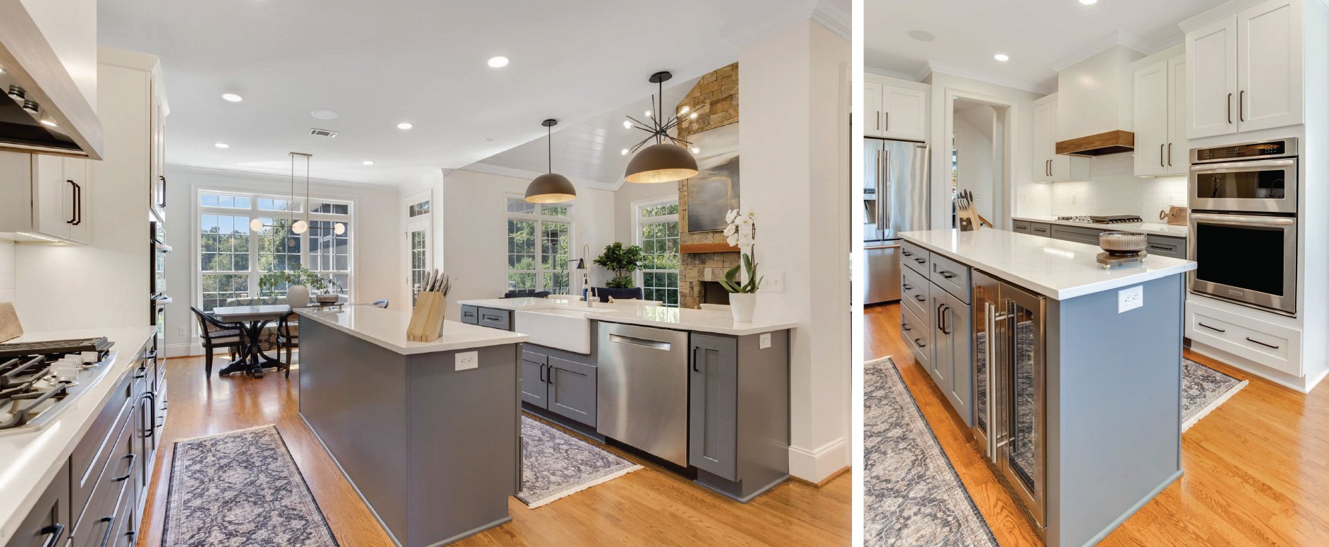 Semi custom cabinet line in blue and white kitchen