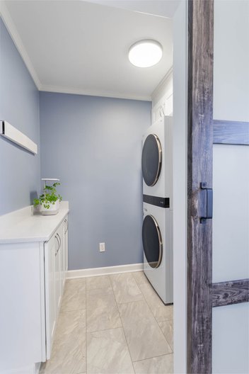 Aleutian blue laundry room with washer drier and plant on cabinet