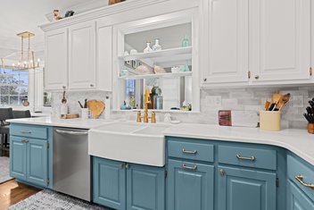 Kitchen with blue and white cabinets