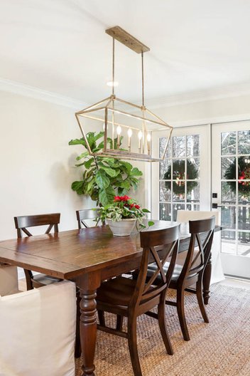 Light dining room with dark wood table and chairs, green plants