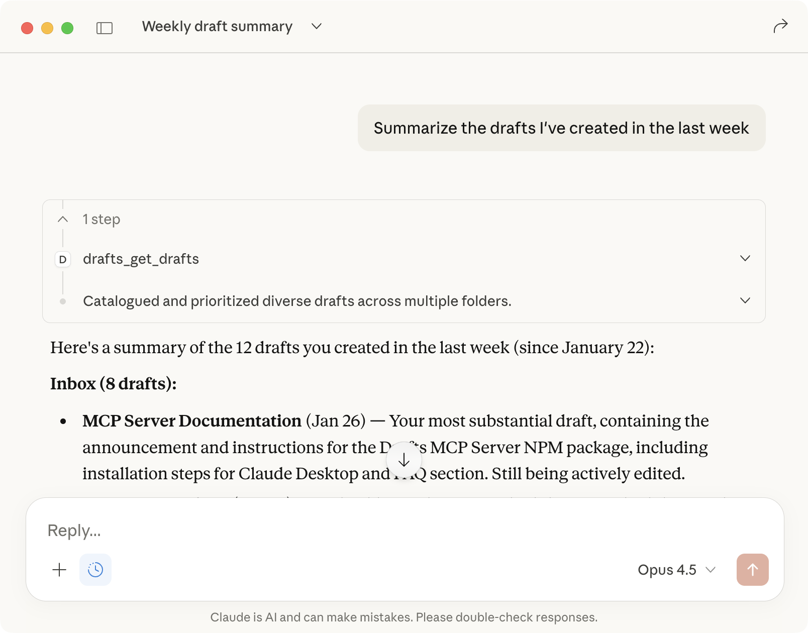 Screenshot of Claude Desktop responding to a query to summarize inbox drafts.