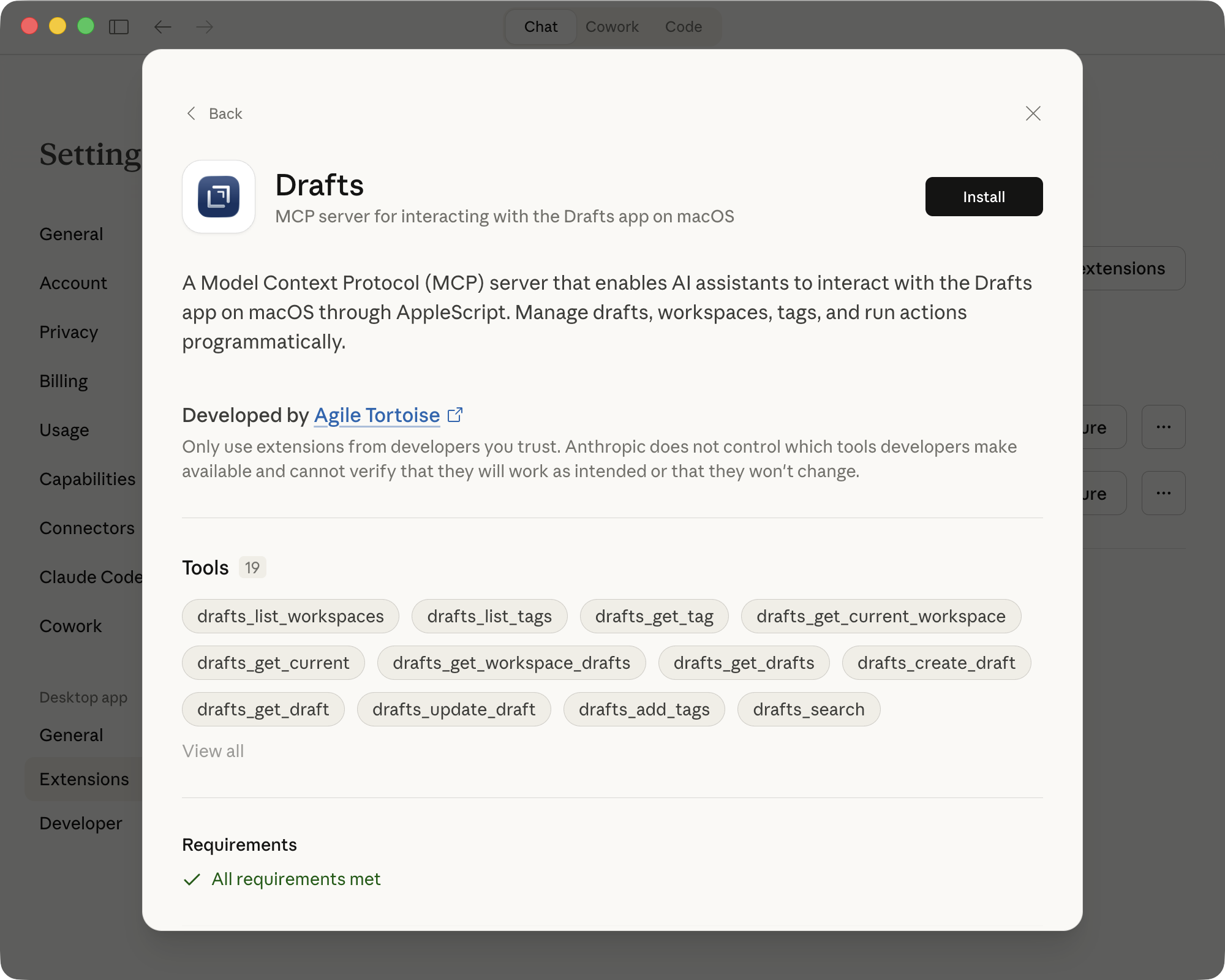 Screenshot of MCP server info page in Claude.