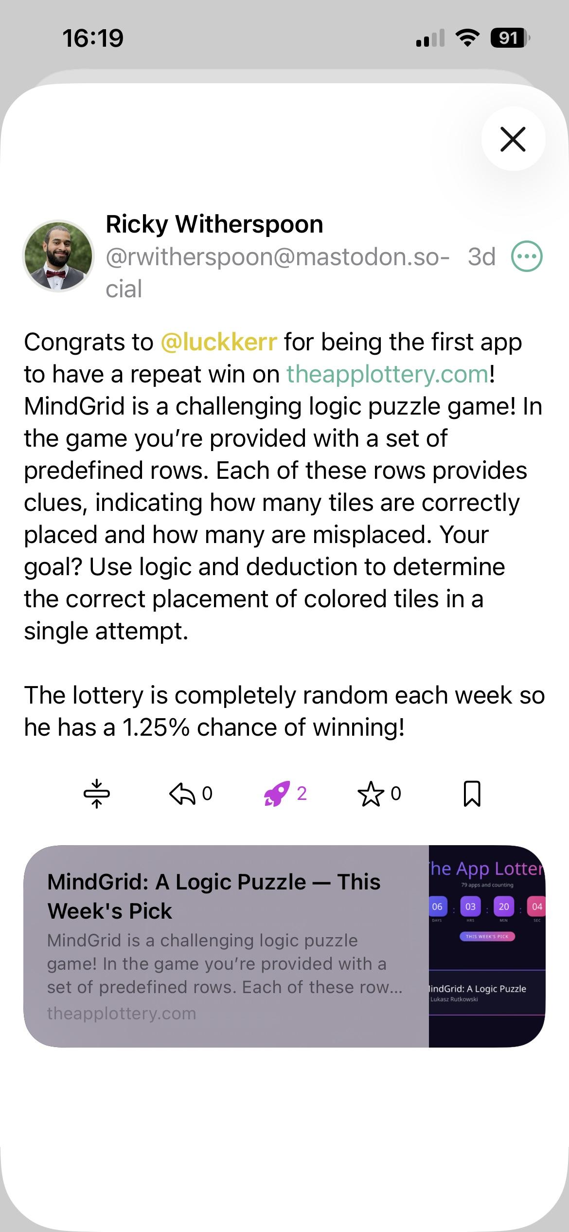 Screenshot of post in app where my main account was mentioned. It’s highlighted in bold yellow in comparison to regular accent color highlight.