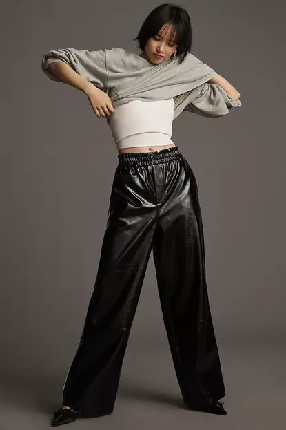 Maeve Faux Patent Leather Sporty Pull-On Trousers