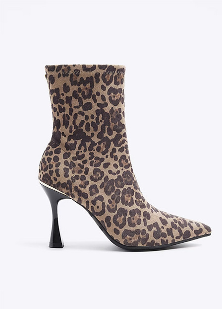 Beige Leopard Print Heeled Ankle Boots