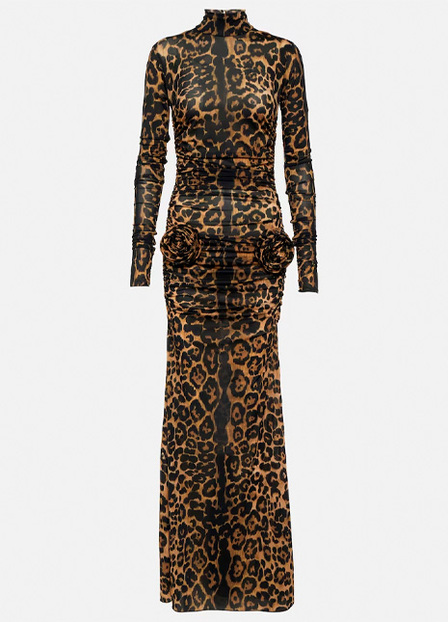 Leopard-print floral-appliqué maxi dress 