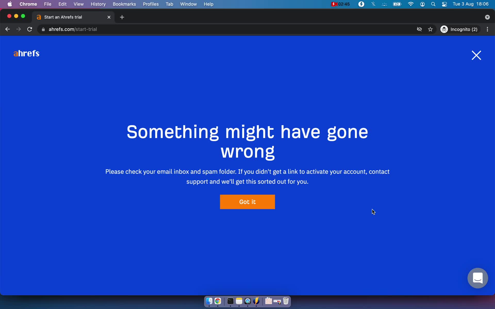 Ahrefs error screenshot