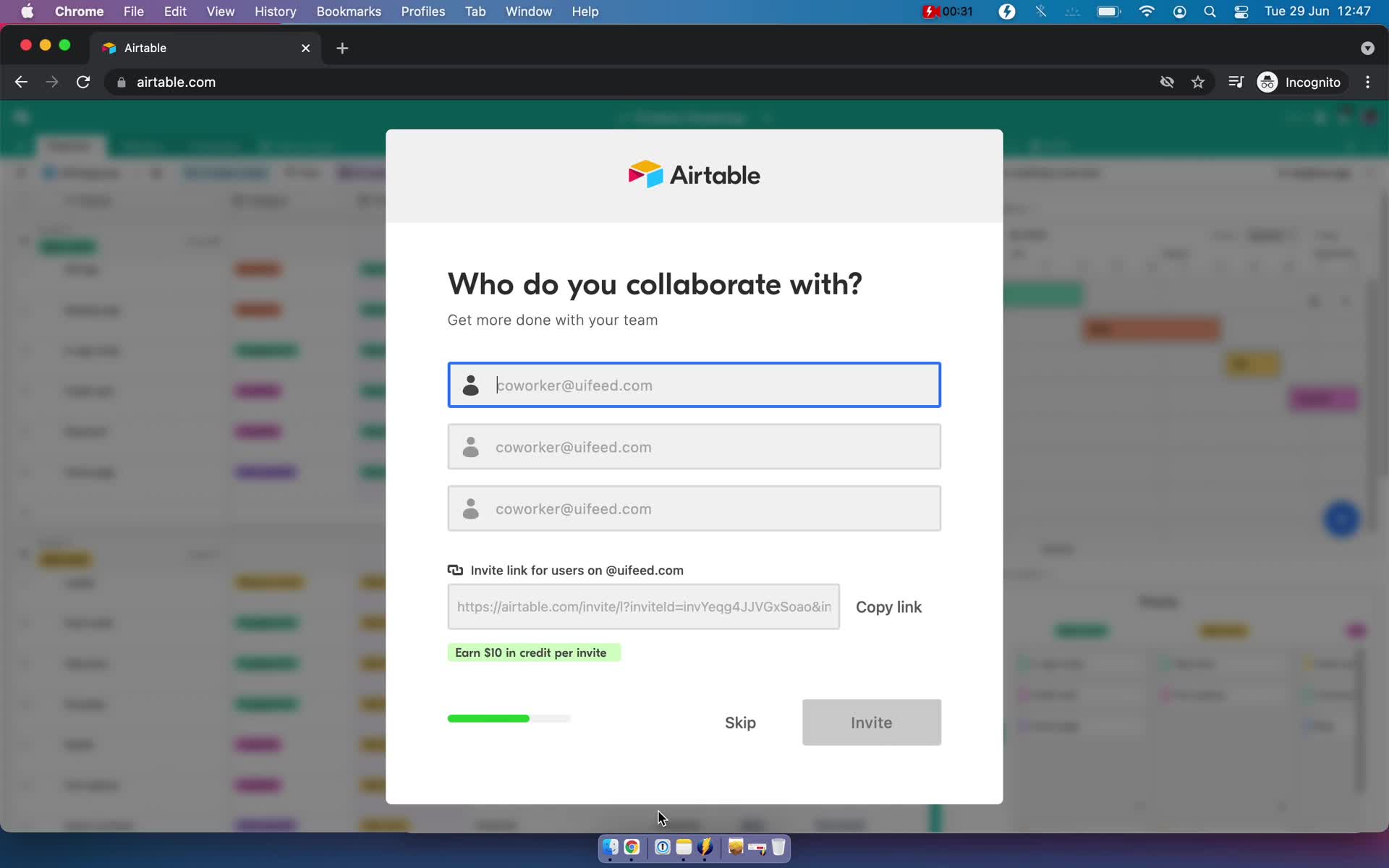 Airtable invite team screenshot