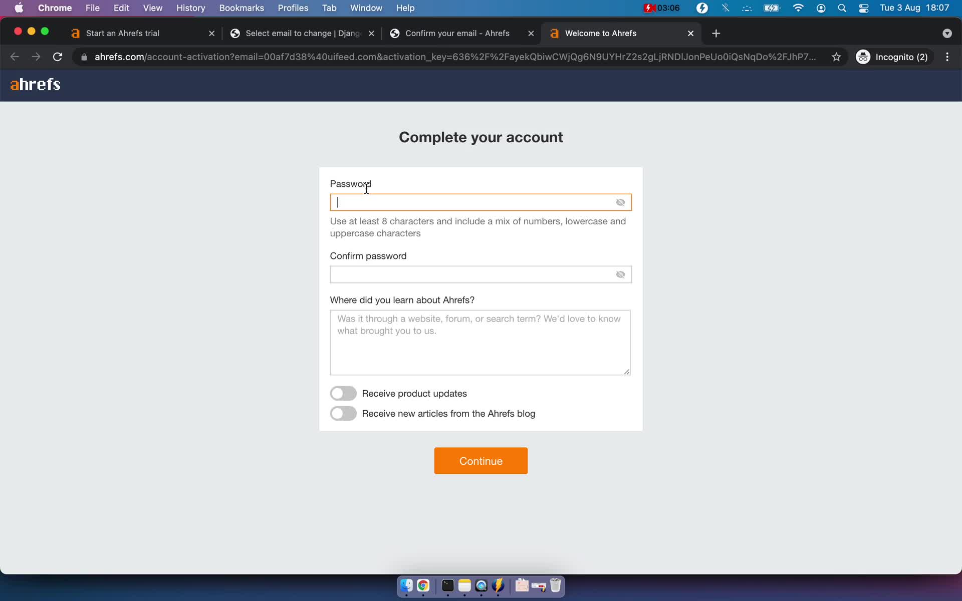 Ahrefs create account screenshot