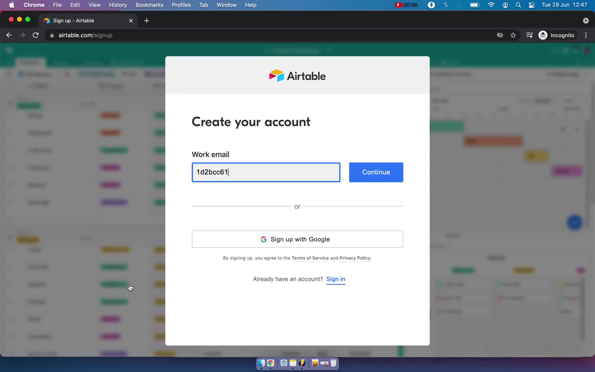 Airtable sign up screenshot