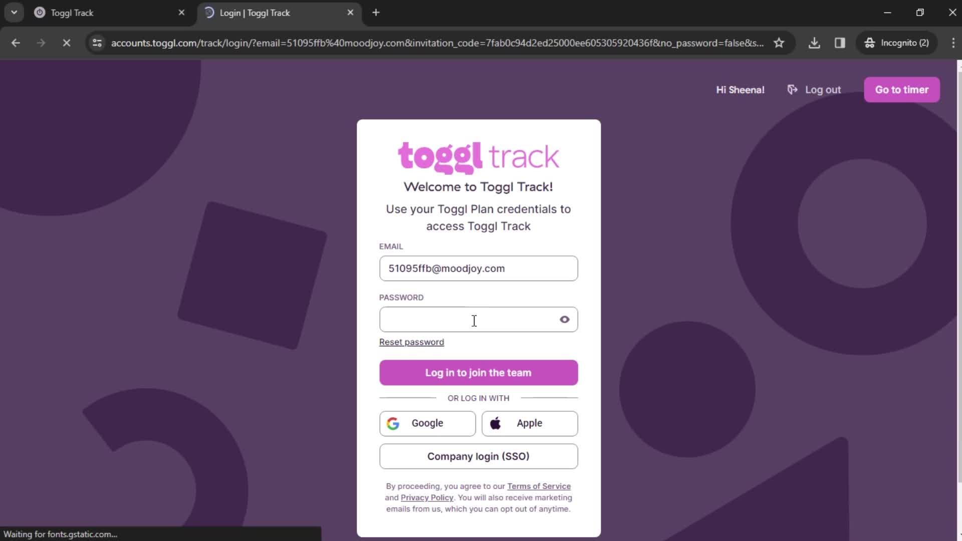 Toggl Track login screenshot