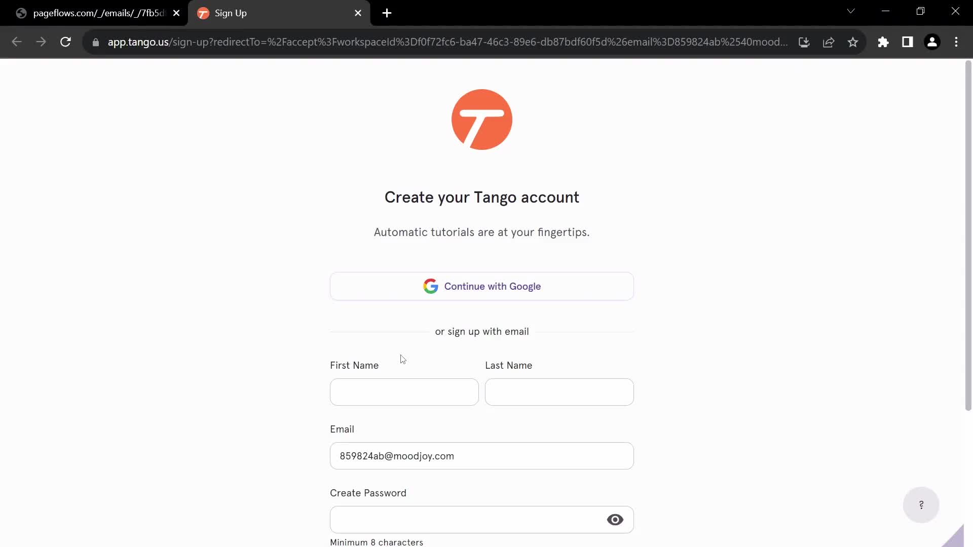 Tango sign up screenshot