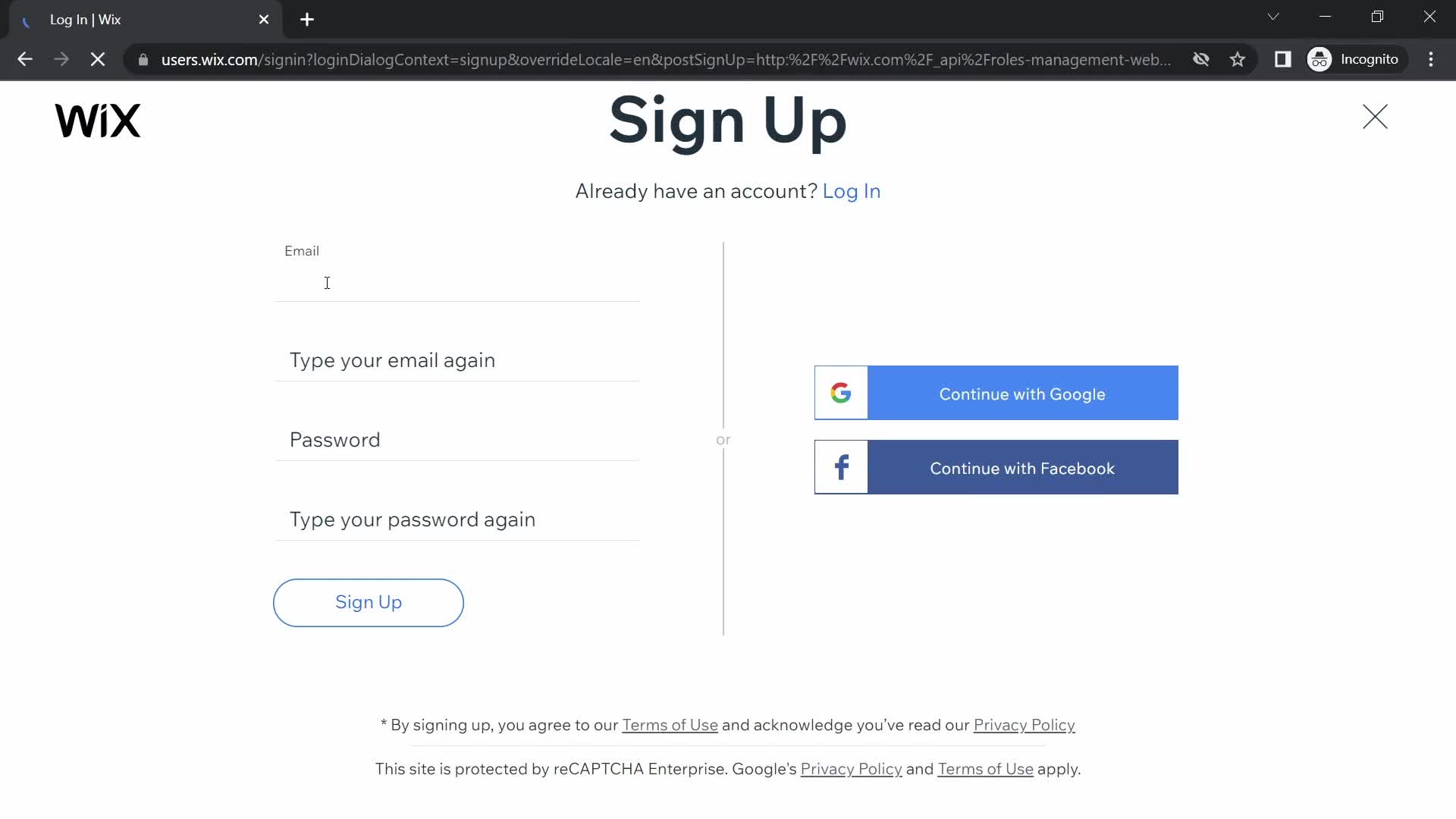 Wix sign up screenshot