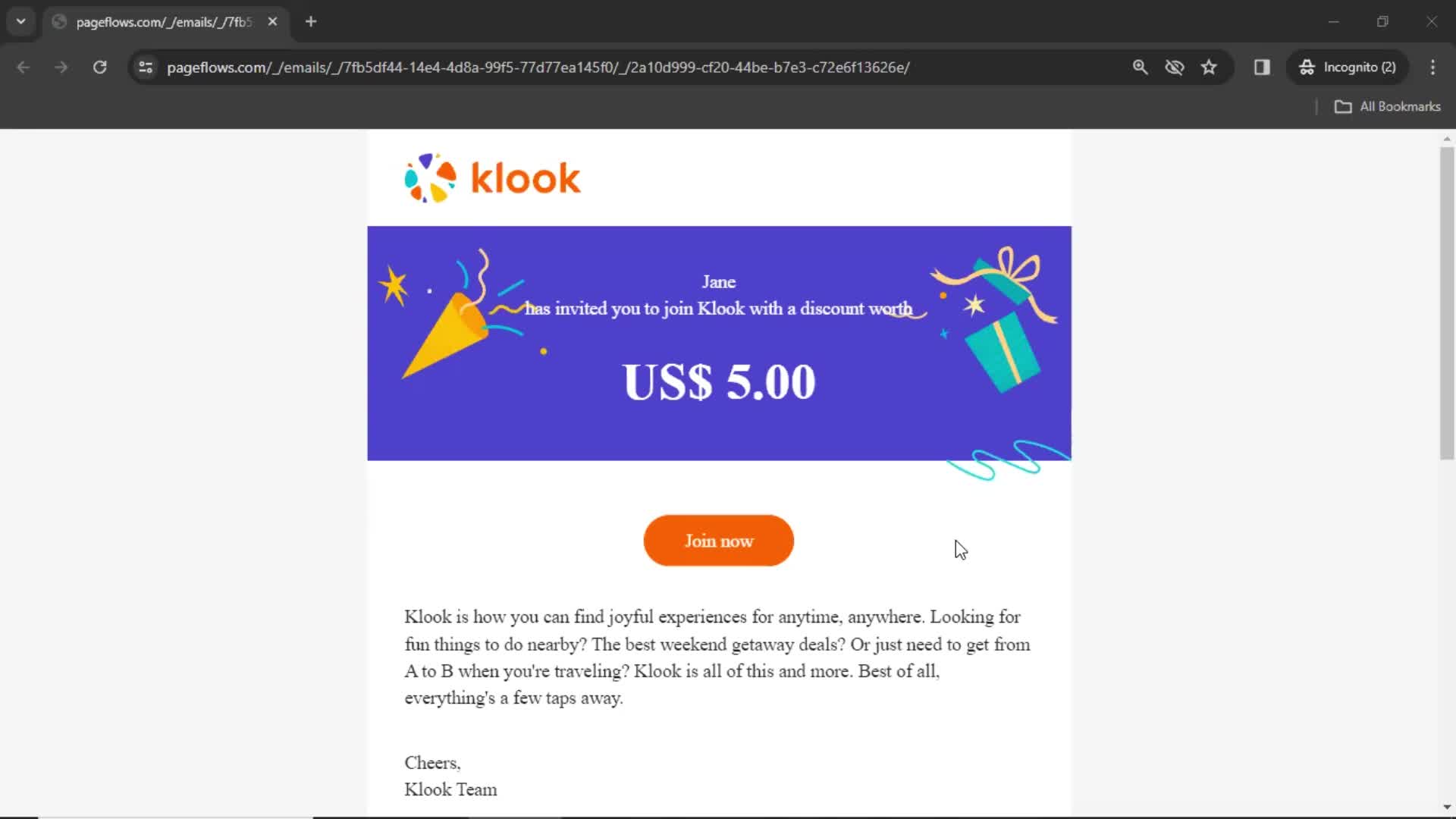 Klook invite email screenshot