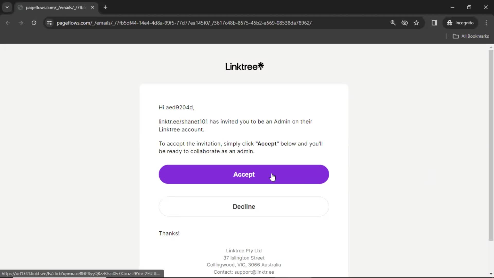 Linktree invite email screenshot