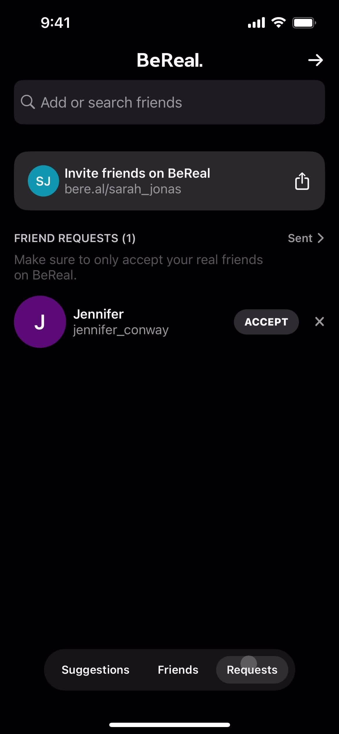 BeReal. manage requests screenshot