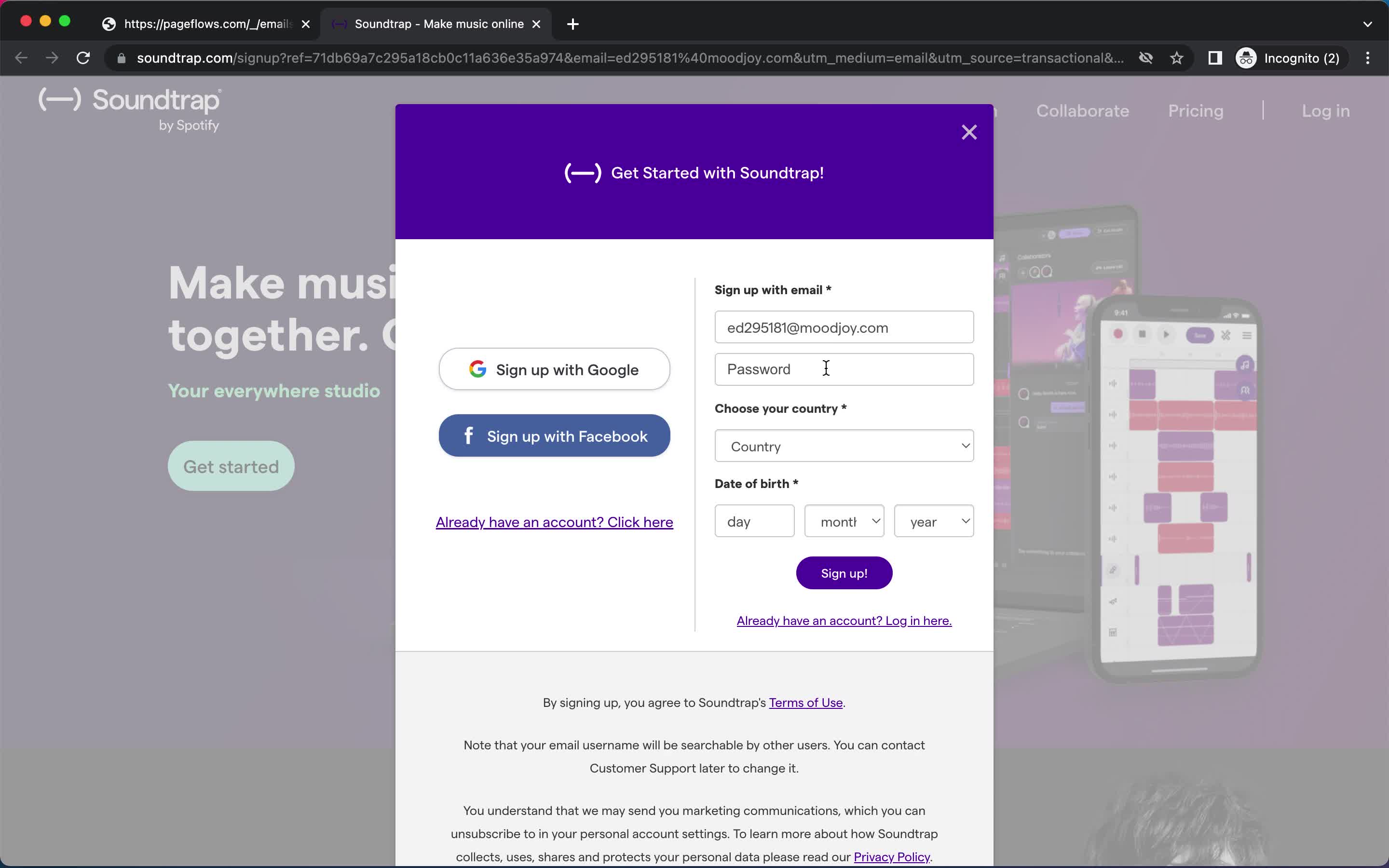 Soundtrap sign up with email screenshot