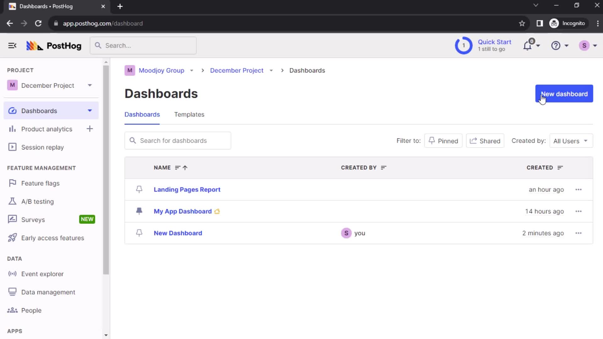 PostHog dashboards screenshot