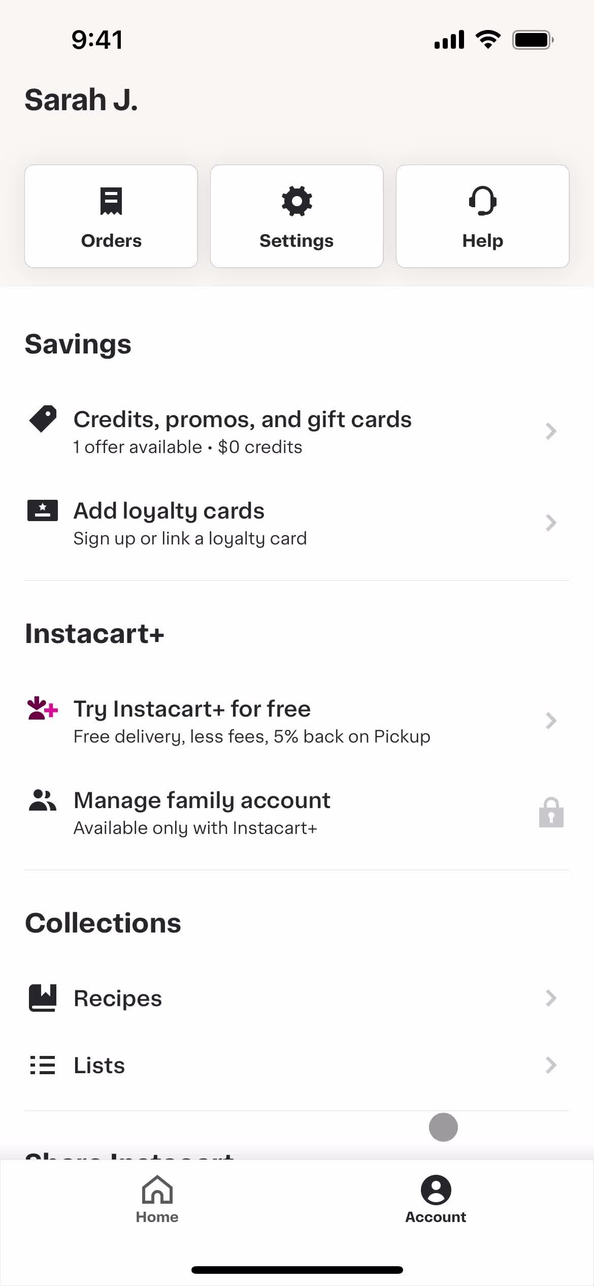 Instacart account menu screenshot