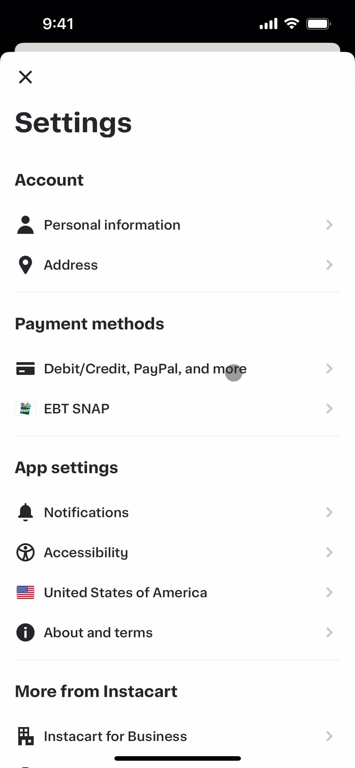 Instacart settings screenshot