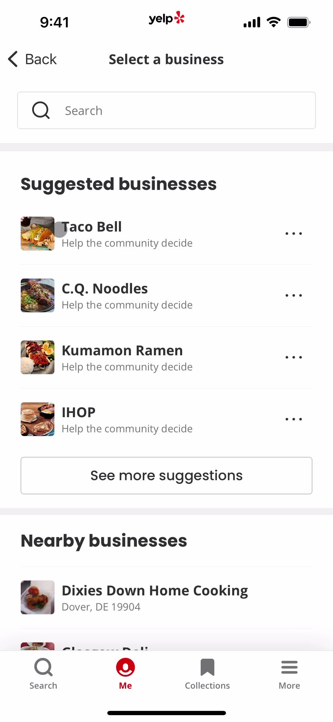 Yelp select restaurant screenshot