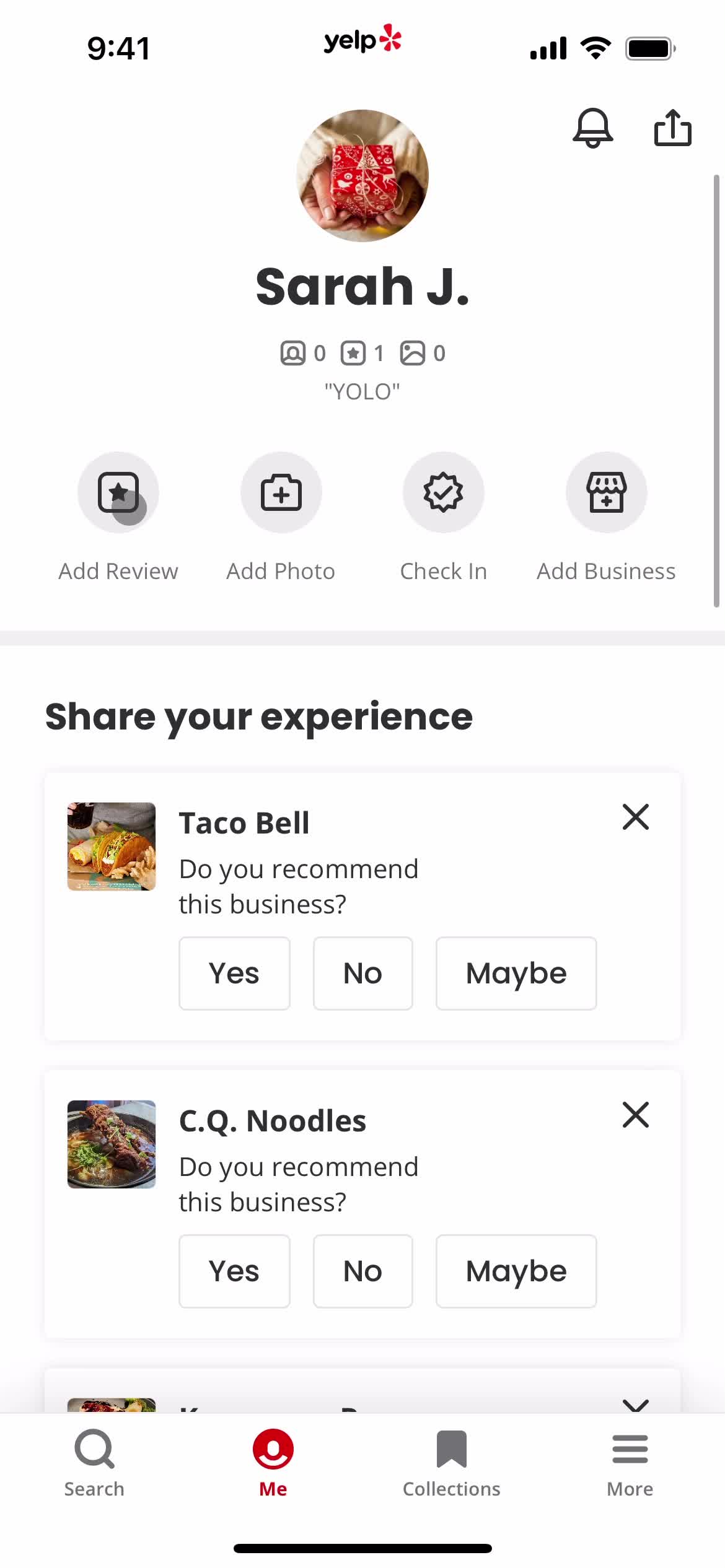 Yelp profile screenshot