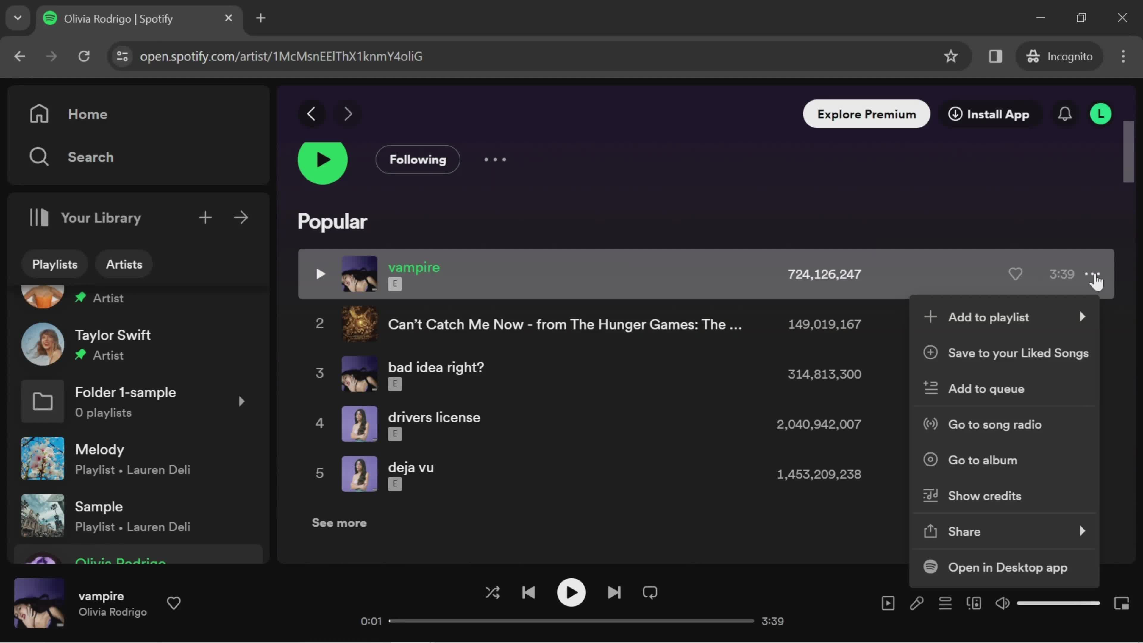 Spotify action menu screenshot