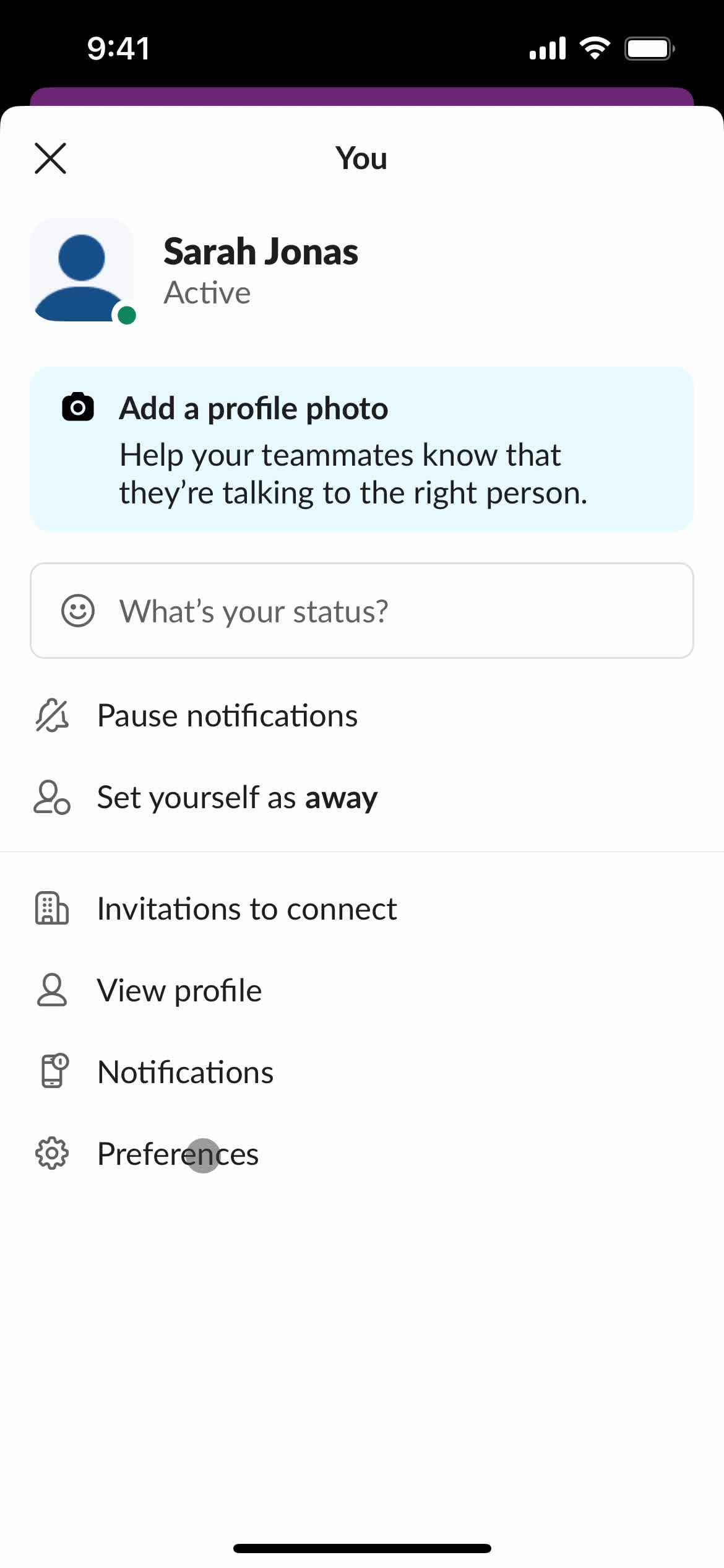 Slack profile menu screenshot