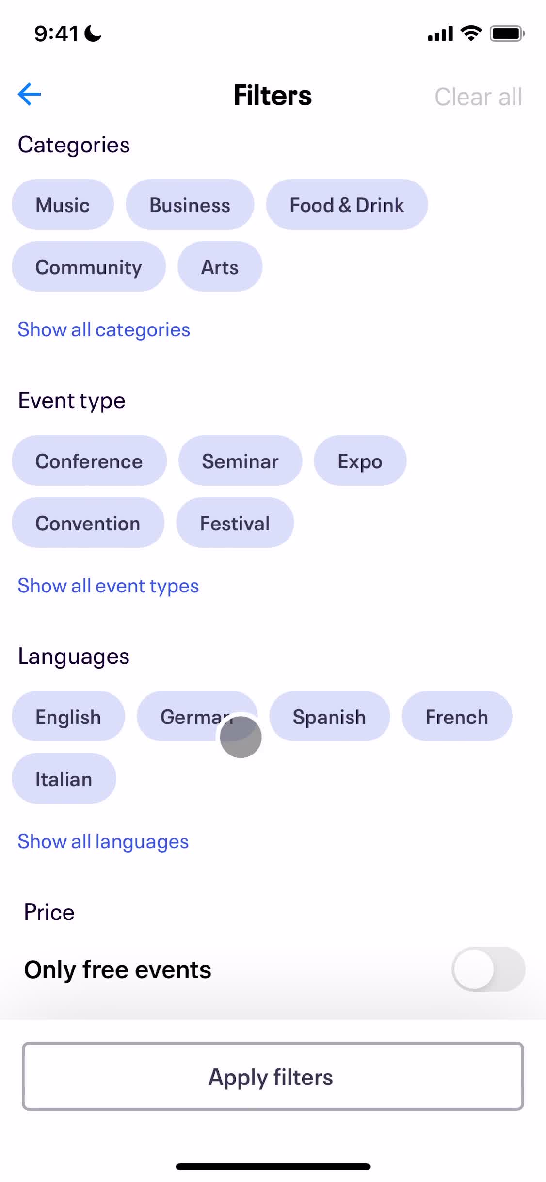 Eventbrite filters screenshot