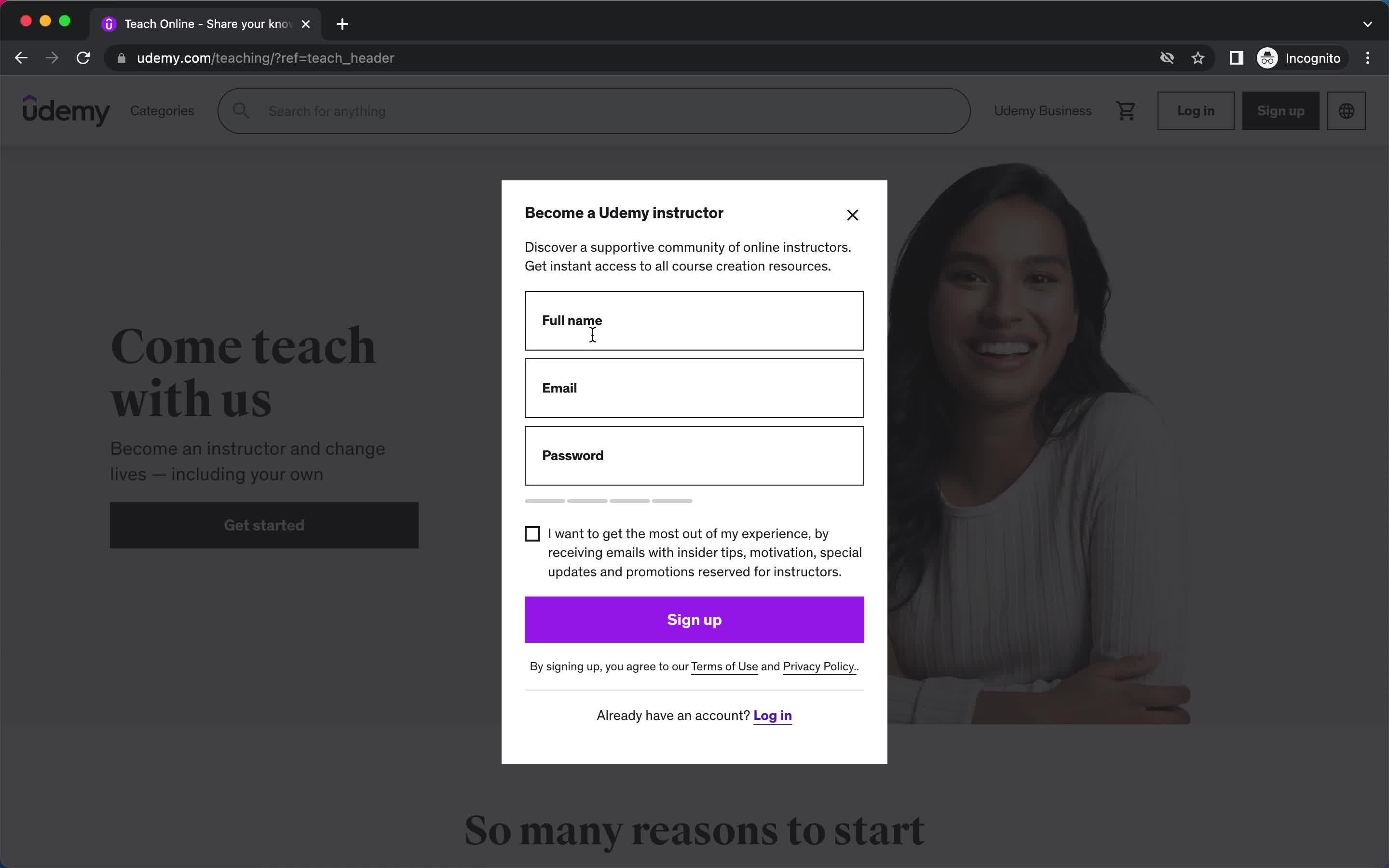 Udemy sign up screenshot