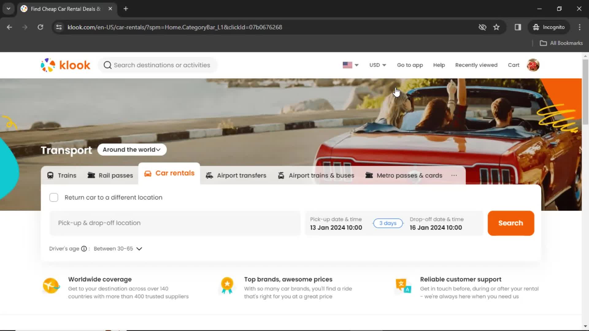 Klook car rental screenshot