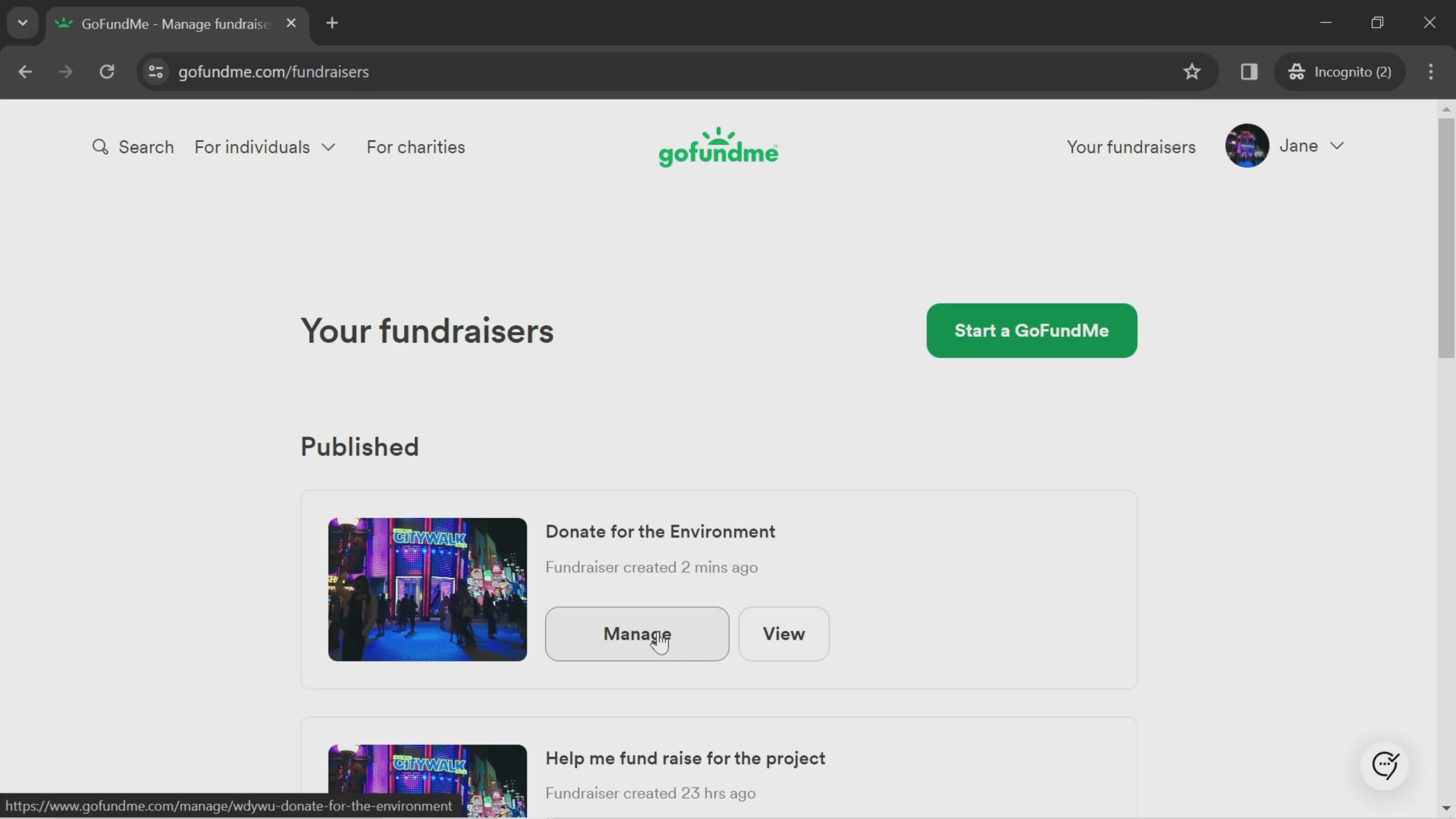 GoFundMe fundraisers screenshot