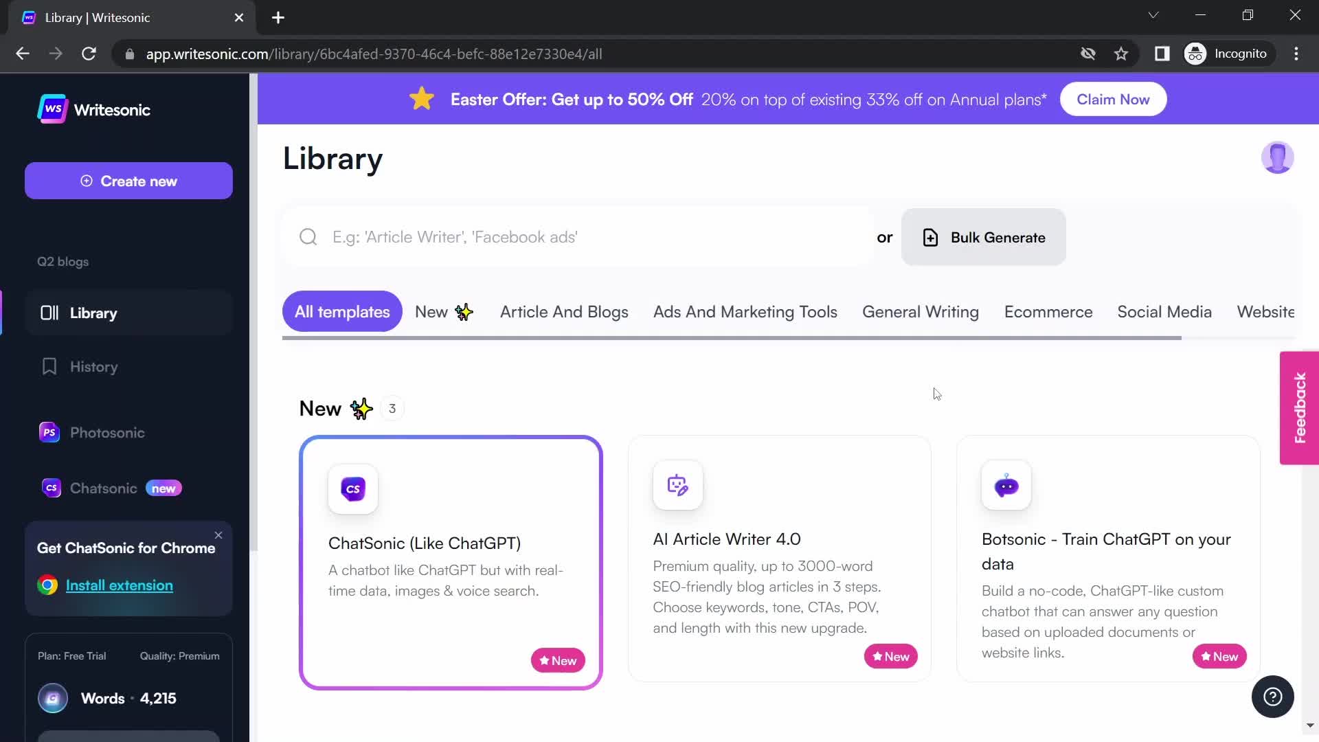 Writesonic library screenshot