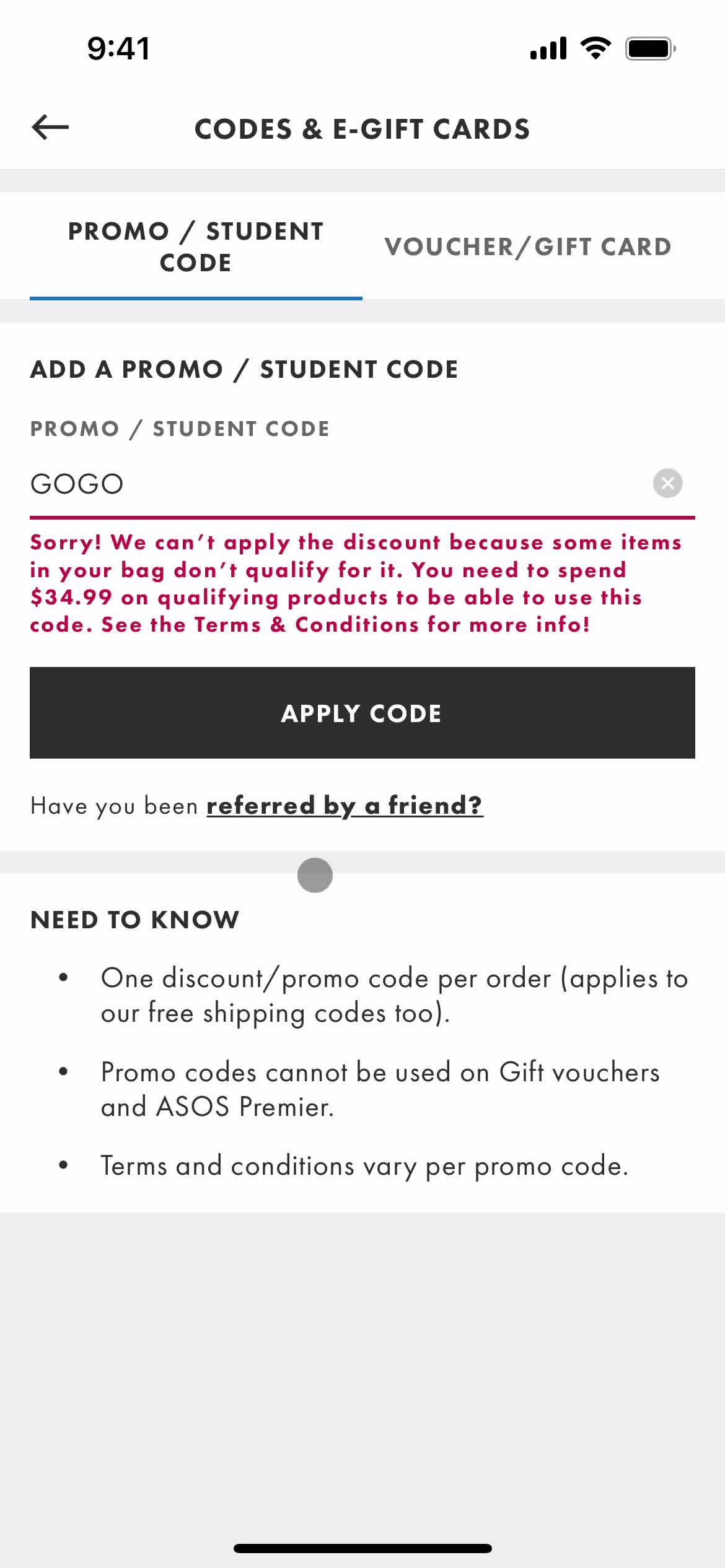 ASOS submit error screenshot