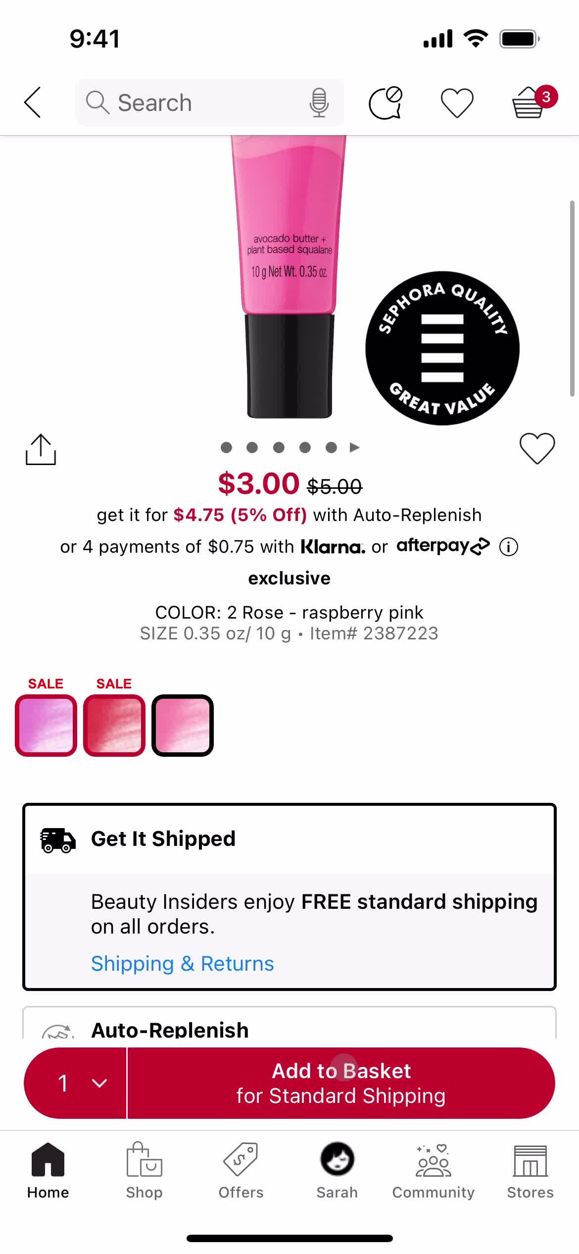 Sephora add to basket screenshot