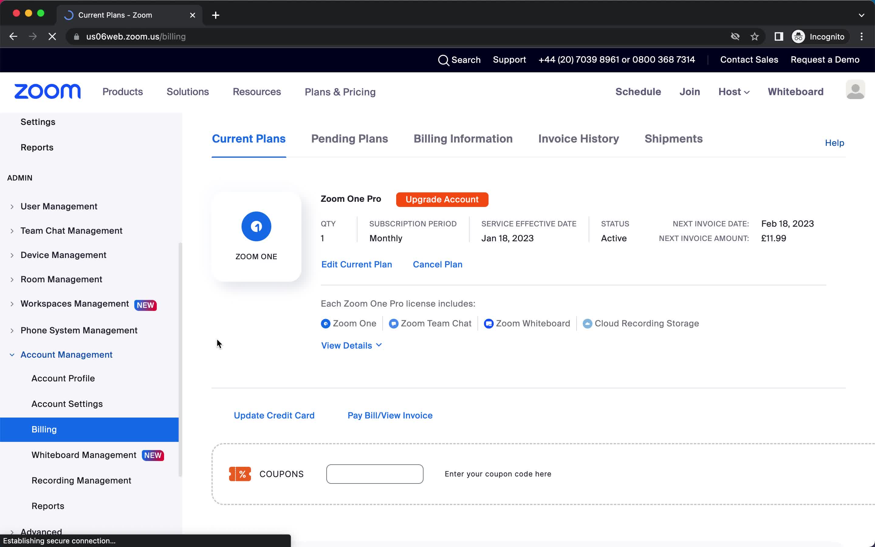 Zoom billing screenshot