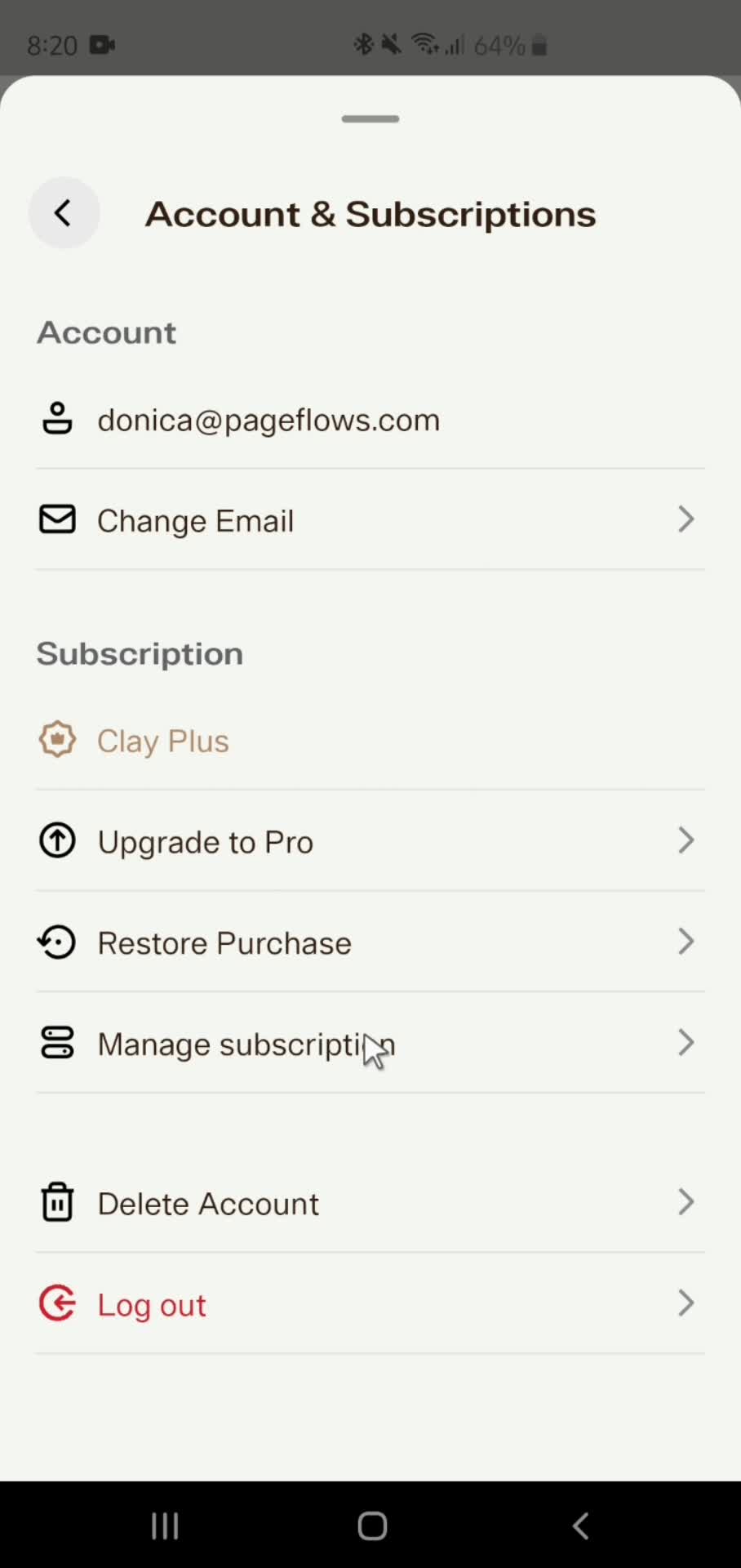 Clay - Story Templates account settings screenshot