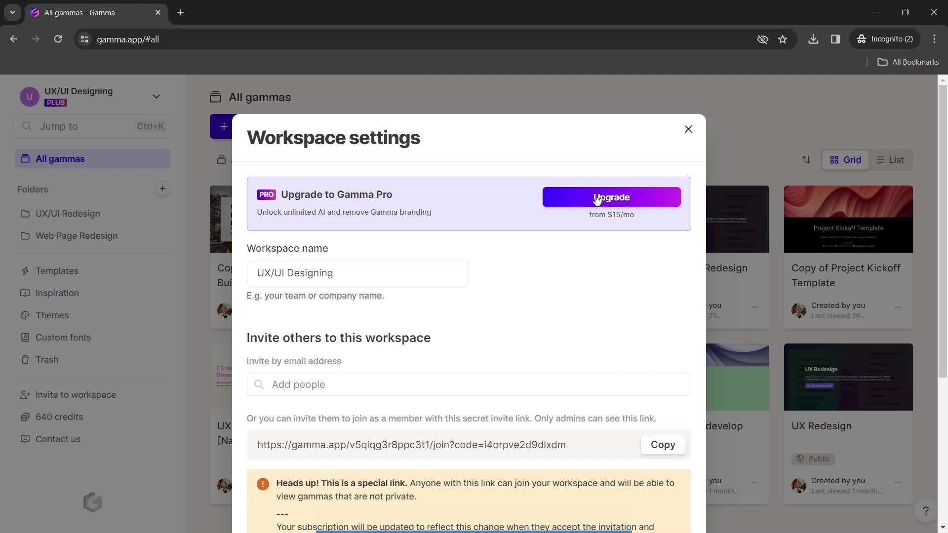 Gamma workspace settings screenshot